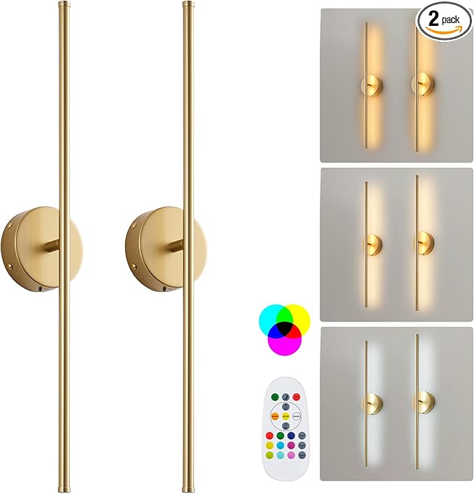 Battery Operated Wall Sconces Set of Two, with Remote Control, Dimmable, Warm White/Natural White/Daylight/RGB, 350°Rotate, LED Gold Wireless Wall Light for Living Room, Bedroom, 28.3 Inch - Bloomnest