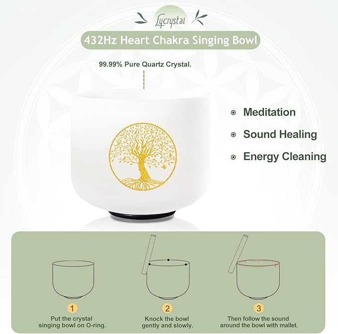 432HZ 8 Inch F Note Heart Chakra Crystal Singing Bowl Sound Healing, Frosted Quartz Crystal Tree of Life Sound Bowl, Sude and O-ring For Sound Healing Meditation - Bloomnest