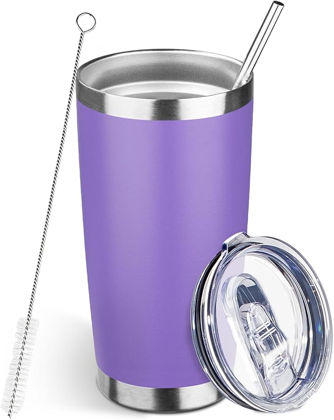 20oz Tumbler Bulk with Lid and Straw, Stainless Steel Double Wall Vacuum Insulated Travel Mug, Powder Coated Coffee Cups for Hot and Cold Drinks,Funny Gifts for Women Men(Purple,1) - Bloomnest