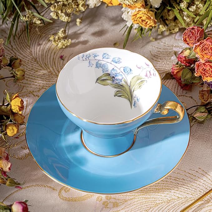 Aynsley Handpainting Colored Glaze Lily of the Valley Corset Fine Bone China English Tea Cup and Saucer Set, 6.1 oz (Turq) - Bloomnest