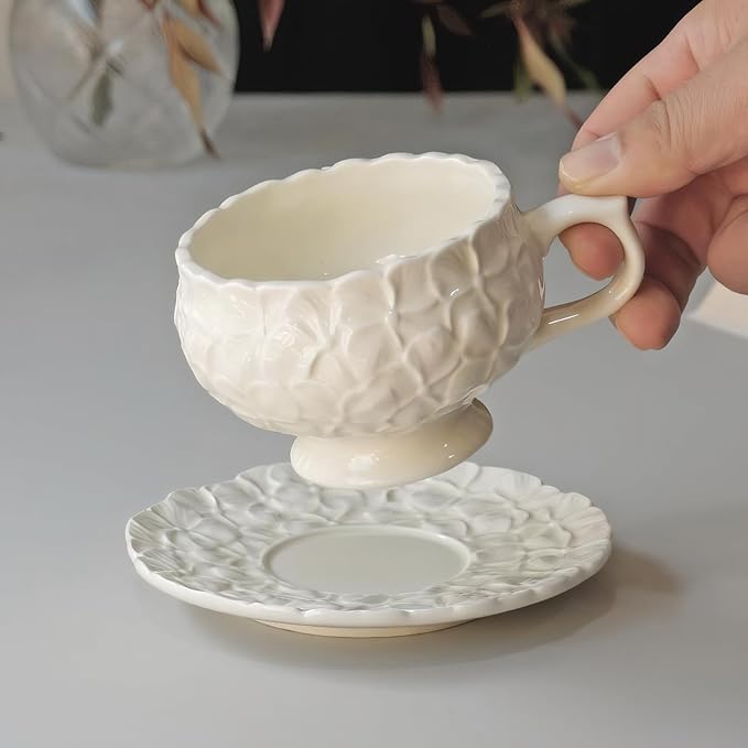 KAMMAK Tea Cups and Saucers Set of 2, Porcelain Coffee Cups, 8.5-Ounce Stackable Espresso Mugs, Ceramic Demitasse for Coffee, Latte, Americano, Tea, White Flower - Bloomnest