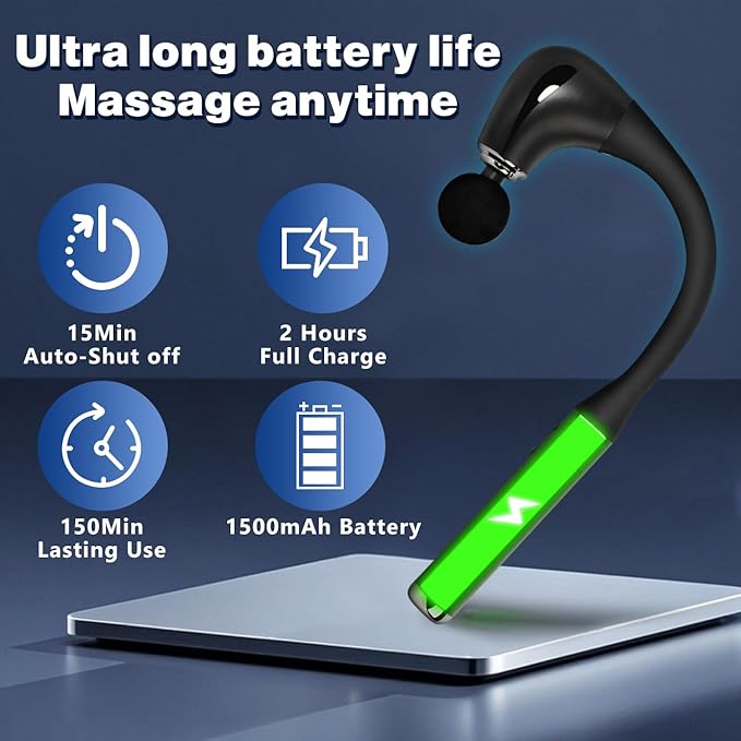 Deep Tissue Massage Gun with Extension Handle - 10mm Percussion Massager for Neck, Back & Shoulder Pain Relief, Handheld Portable Muscle Massager Gun for Athletes, 5 Speed & 4 Attachments - Bloomnest