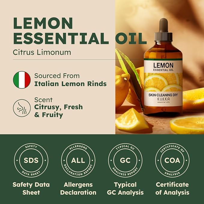 KUKKA Lemon Essential Oils - 4 Fl Oz - for Hair, Skin, Diffuser, Aromatherapy & DIY Soap Making Scent - Bloomnest