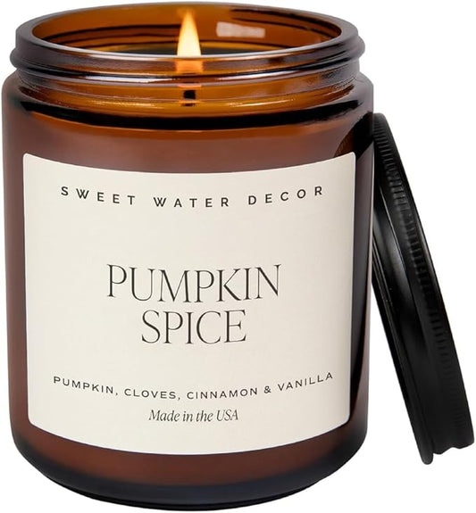 Sweet Water Decor Pumpkin Spice Candle - Fall Candles with Pumpkin, Clover, Cinnamon & Vanilla Scent for Home - Autumn Candle with 40 Hours Burn Time - 9Oz Black Lid Amber Jar Pumpkin Soy Candles - Bloomnest