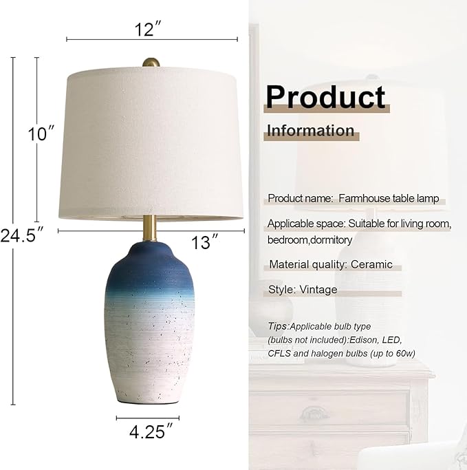 24.5" Vintage Ceramic Table Lamp - Single Farmhouse Rustic Bedside Lamp with Natural Textured Finish, Nightstand Lamps for Living Room, Bedroom, End Table, Office White and Blue - Bloomnest