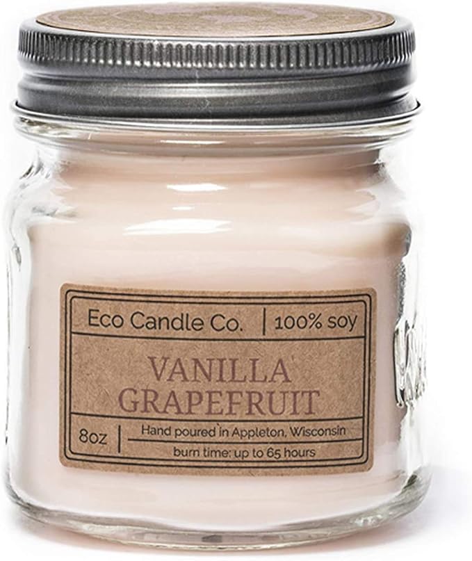 ECO CANDLE CO. Mason Jar Candle, Vanilla Grapefruit, 8 oz. - Scents of Vanilla & Pink Grapefruit - 100% Soy Wax, No Lead, Kraft Label & Antiqued Pewter Lid, Hand Poured, Midwest Grown Soybeans - Bloomnest