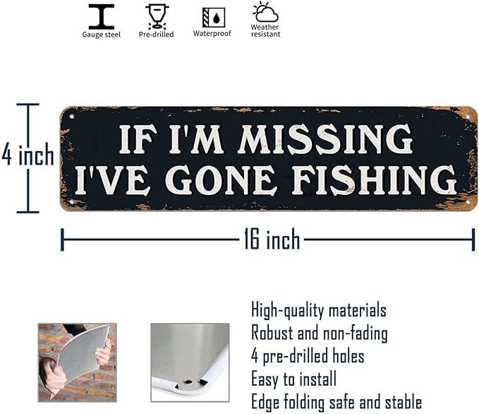 Funny Gone Fishing Sign - Vintage Metal Tin Wall Art Decor for Home - If I'm Missing I've Gone Fishing - Fisherman Picture Gifts 4x16 Inch - Bloomnest