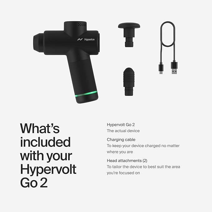 Hyperice Hypervolt Go 2 - Black - Featuring Quiet Glide Technology - Handheld Percussion Massage Gun - 3 Speeds, 2 Interchangeable Heads - Helps Relieve Sore Muscles and Stiffness - FSA-HSA Eligible - Bloomnest