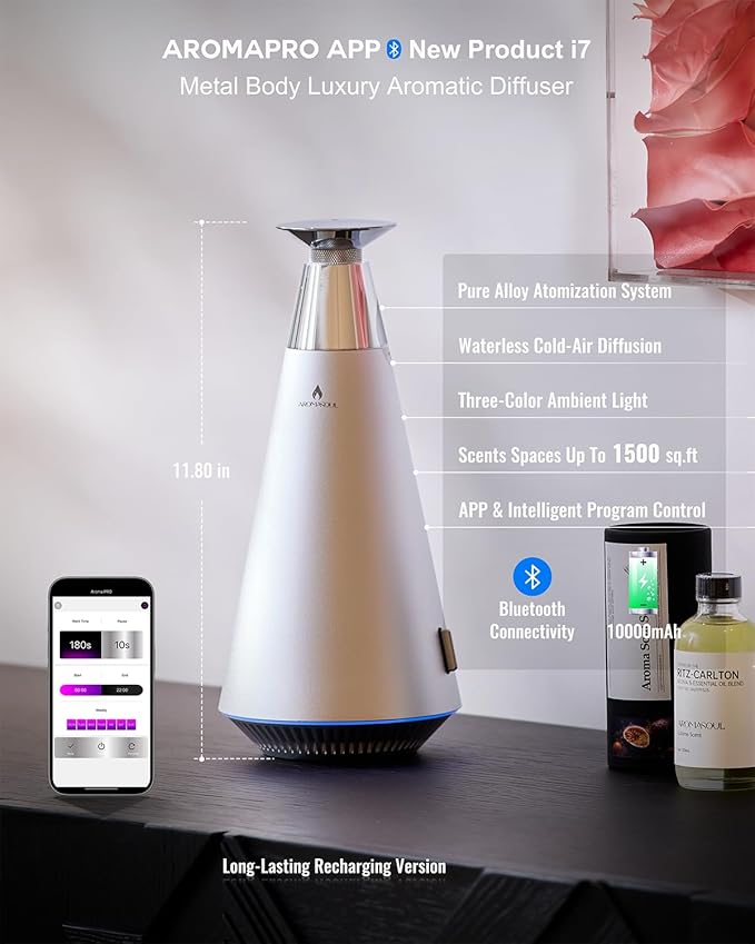 Waterless Scent Diffuser Starter Kit - 1500 Sq Ft Coverage, Alloy Atomization System,Mood Light,Smart Rechargeable Hotel Scent Diffuser, Including 120ml Essential Oil, for Home,Large Room,Spa,Silver - Bloomnest