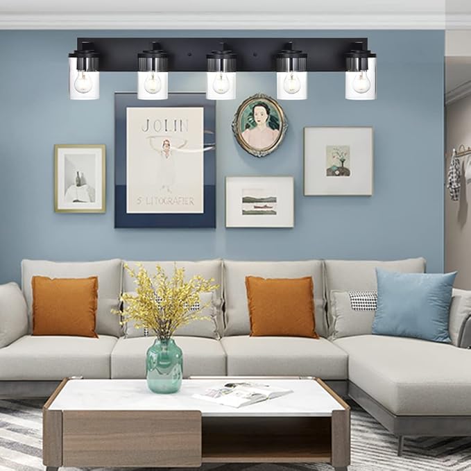 BONLICHT Industrial 5 Light Wall Mount Lighting Sconces Bathroom Vanity Light Matte Black Metal with Clear Glass Shade,Modern Farmhouse Wall Lamp Indoor Bath Wall Lamp Fixture Over Mirror - Bloomnest