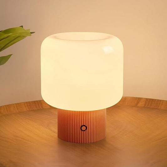 Halo Mushroom Lamp, 5W Cute Cordless Rechargeable Table Lamp with Glass Shade, 3-Color Dimmable Small Retro Touch Bedside Lamp for Bedroom Ambient Decor (Orange) - Bloomnest