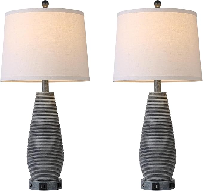 Farmhouse Table Lamps Set of 2 with USB C+A Ports and AC Outlet, 3 Way Touch Rustic Bedside Lamps for Living Room, 26.5" Grey Vintage Lamps for Bedroom Nightstand - Bloomnest