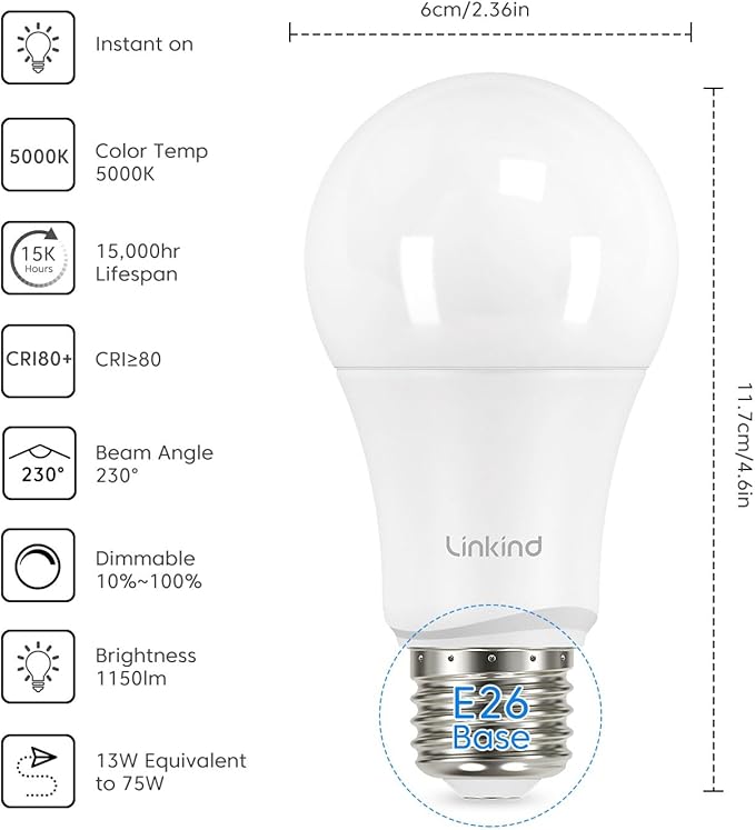 Linkind A19 LED Light Bulbs Dimmable, 75W Equivalent, E26 Base, 5000K Daylight, 13W 1150 Lumens 120V, UL Listed FCC Certified, LED Lights for Bedroom Living Room Home Office, 6 Packs - Bloomnest
