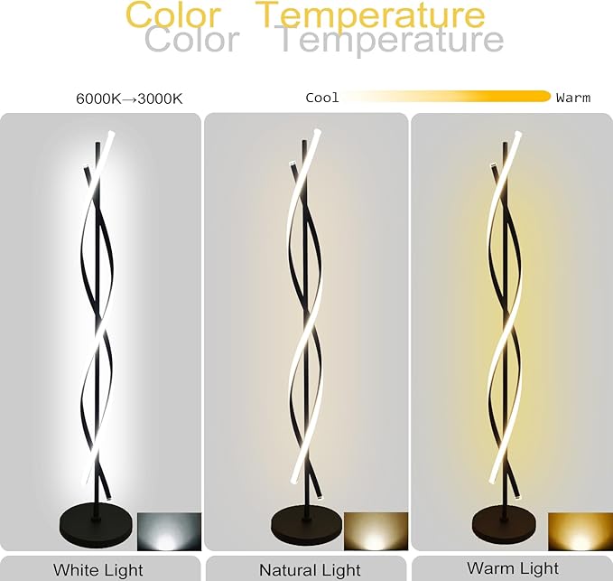 61" LED Floor Lamp for Living Room, 40W 3 Colors Stepless Dimmable and Color-Changing Bright Floor Standing Lamp,Unique Spiral Floor Tall Lamp for Bedroom Office with Remote (Black) - Bloomnest