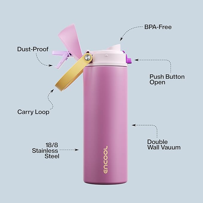 Insulated Water Bottle with Straw - Encool Stainless Steel Water Bottle with Push Button Lid, Leak-Proof & BPA-Free, Keeps Cold for 24 Hours for Sports, Travel, Gym (24 oz, Light Orchid-Fuchsia) ENCOOL