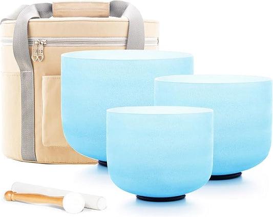 Hye-eun Crystal Singing Bowls Set, 3PCS 432hz 8"A 10"E 12"D Blue Frosted Quartz Chakra Sound Bath Bowl with Beige Carrying Case for Sound Healing Yoga Meditation Cleansing Stress Relief - Bloomnest