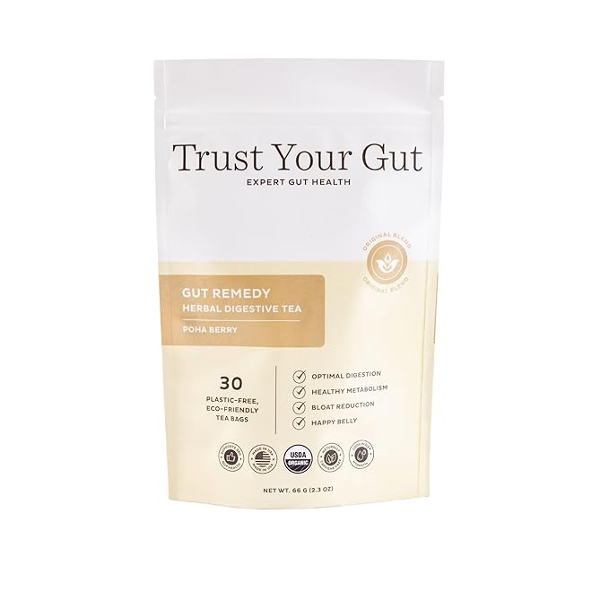 Trust Your Gut Organic Herbal Tea Blend – Lemon Balm, Holy Basil, Dandelion & Ginger Root – Supports Healthy Digestion & Gut Balance – Poha Berry, 30 Bags - Bloomnest