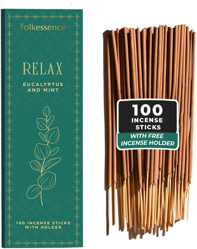 Folkulture Incense Sticks | Set of 100 Insence-Sticks with Holder for Relaxation | Eucalyptus & Mint Incense | Organic, Slow Burning & Non Toxic Inscents for Meditation |Rejuvenating Fragrance