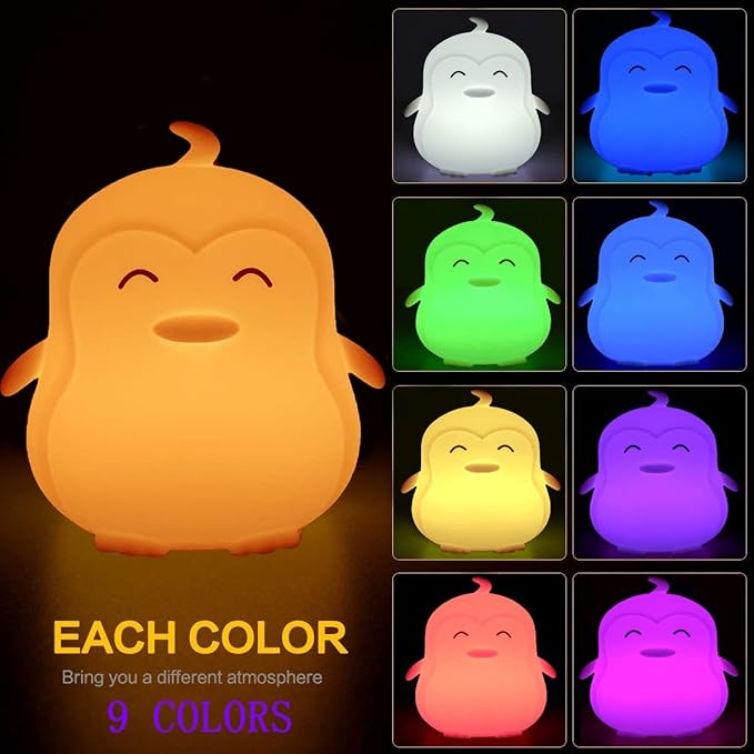 Large Penguin Night Lights for Babies Bedroom Light, lamp Kids, Toddler Nursery lamp Soft Decorative Lamps - Break Resistant, Eye Caring, Adjustable Brightness & Color, Time Setting - Large - Bloomnest
