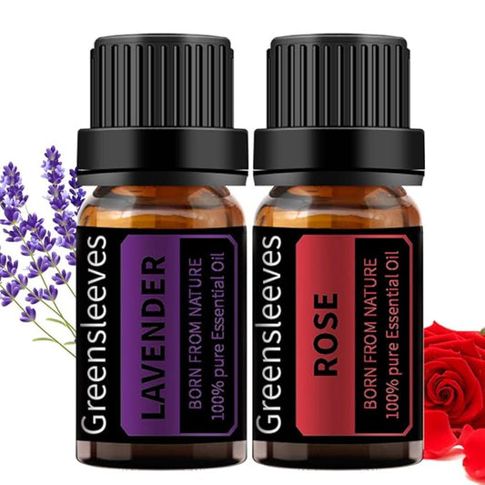 GREENSLEEVES Rose Lavender Essential Oil Set, 2 x 10ml Pure Plant-Based Fragrance Oil for Aromatherapy, Essential Oils for Diffuser, Massage, Bath Bomb, Scented Candle Soap Making GREENSLEEVES