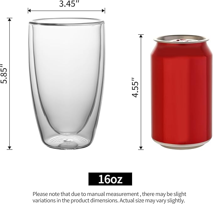 NIRA.Z 2 Pack16oz Double Wall Glass Coffee Mugs, No Hole Bottom, Insulated Borosilicate Glass Coffee Cups, Clear Mugs for Hot & Cold Beverages, Perfect for Espresso, Latte, Tea, Cappuccino - Bloomnest