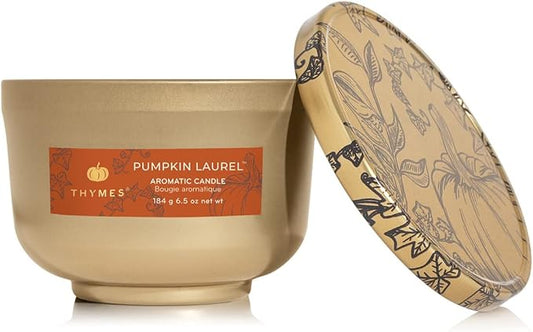 Thymes Scented Candles for Women & Men – Tin with Lid – Luxury Home Decor – Pumpkin Candles with Notes of Nutmeg, Cinnamon, Clove, & Orange Peel – Fall Decor (Pumpkin Laurel, 6.5 oz) - Bloomnest