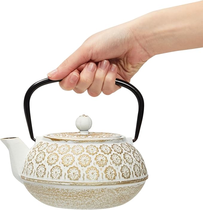 Juvale Floral Cast Iron Teapot - 34 oz, White - With Stainless Steel Infuser & Warmer - Japanese Kettle for Loose Leaf Tea - Stovetop Infuser Kettle
