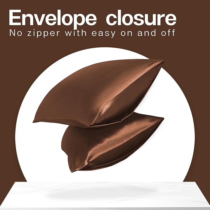 MR&HM Satin Pillowcase for Hair and Skin, Silk Satin Pillowcase 2 Pack, King Size Pillow Cases Set of 2, Silky Pillow Cover with Envelope Closure (20x40, Brown) - Bloomnest