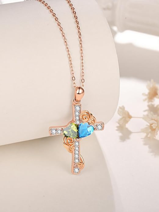 Rose Gold Dual Birthstones Cross Necklace for Women Rose Flower Jewelry Anniversary Christmas Mother's Valentine's Day Birthday Gift for Wife Girlfriend Mom - Bloomnest