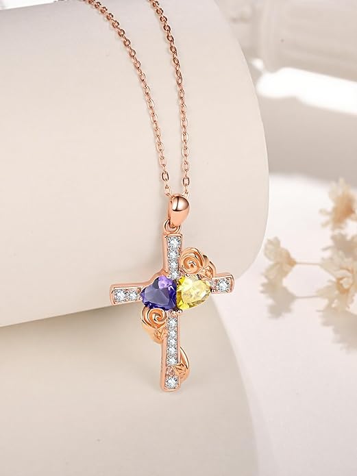Rose Gold Dual Birthstones Cross Necklace for Women Rose Flower Jewelry Anniversary Christmas Mother's Valentine's Day Birthday Gift for Wife Girlfriend Mom - Bloomnest