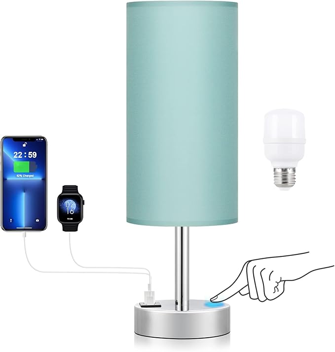 Teal Touch Bedside Lamps for Bedroom - Small Coastal Nightstand Lamp with USB-C and USB A Charging Ports, 3 Way Dimmable Control Table Lamp for Office, Dorm with Fabric Shade Silver Base - Bloomnest
