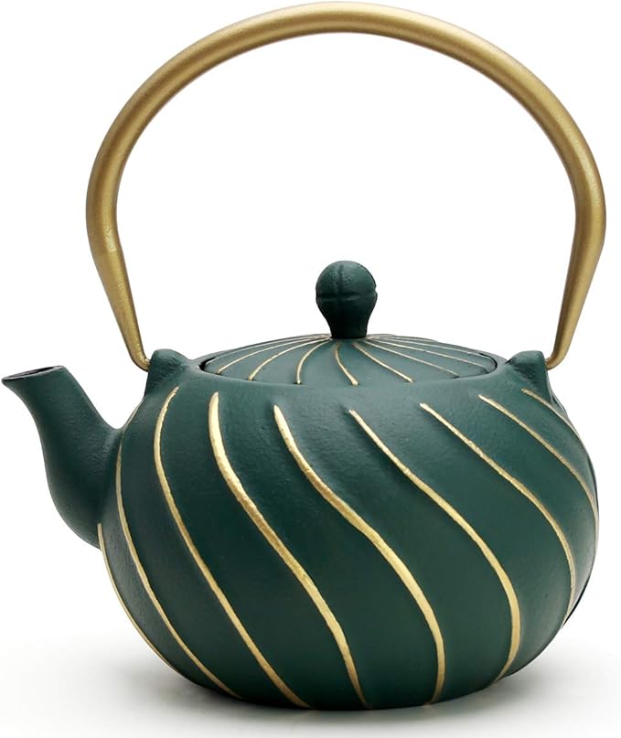 TOPTIER Japanese Cast Iron Teapot with Infuser, Stovetop Safe Teakettle, Wave Design, Enameled Interior, 30 oz (900 ml), Green - Bloomnest