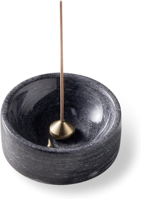 100% Marble Incense Holder Set, Stick Burner, Cone Ash Catcher Bowl, Japanese Incense Stand with Sandalwood Sticks and 2 Brass Burners, Mini-3”, Zen,Gray - Bloomnest