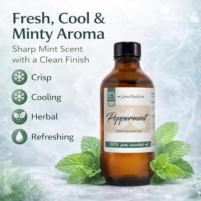 GreenHealth Peppermint Essential Oil 4 fl oz - 100% Pure Essential Oil - Amber Glass Bottle w/Glass Dropper - Fresh Mint Aroma for Diffusers, Candles, Soap Making, DIY Use Greenals