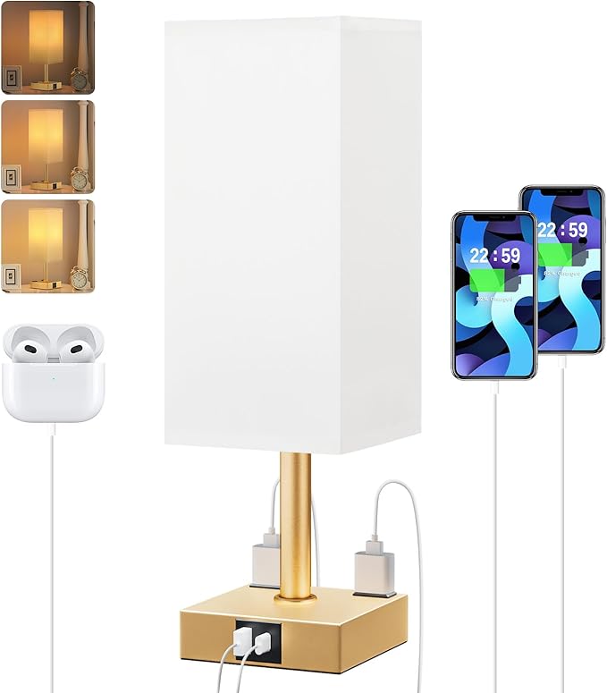 Gold White Touch Table Lamp - Bedside Lamp with USB A + Type C Charging Ports and Two AC Outlets, Small Night Stand with E26 LED Bulb, Desk Light for Bedroom Living Room Office Dorm - Bloomnest