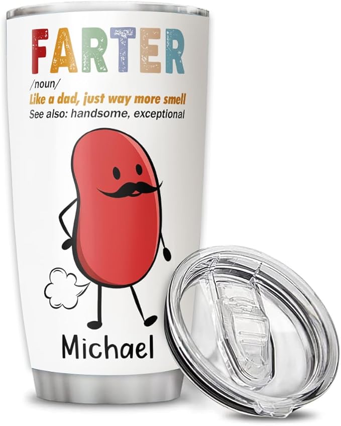 Funny Custom Farter Tumbler for Dad, 20oz or 30oz Stainless Steel Insulated Mug, Personalized Gift from Kids, Joke Travel Cup with Name and Cartoon Beans, Father’s Day or Birthday Gag Gift - Bloomnest
