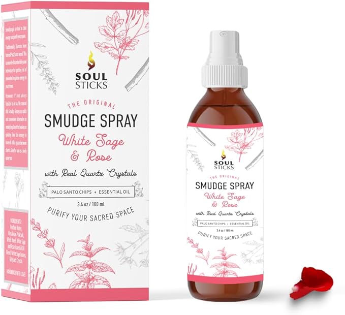 SOUL STICKS White Sage & Rose Smudge Spray For Cleansing and Negative Energy | 3.5oz Sage Smudge Spray with Real Quartz Crystals | Car Air Freshner Fragrance Sage Room Spray for Spiritual Cleansing SoulSticks