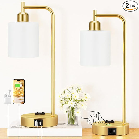 Innqoo Industrial Gold Table Lamps for Bedrooms Set of 2-3-Way Dimmable Desk Lamp with USB C+A Ports and Outlet, Gold Lamps with Opal Glass Shade for Living Room, Desk Lamps for Home Office - Bloomnest