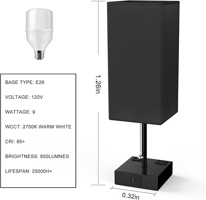 Table Lamp for Bedroom with USB,Bedside Lamp with USB C+A Charging Ports,Adjustable 3color LED Light for Home Decor/Nightstand/Office,Included Bulb and Fabric Lamp Shade (Linen Black, 1PCS) - Bloomnest