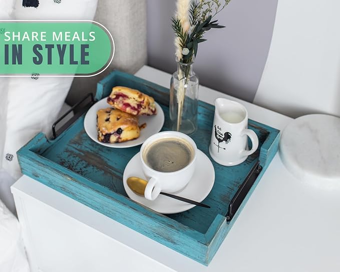 Comfify Rustic Wooden Serving Trays with Handle - Set of 2 - Large and Small Nesting Multipurpose Trays - for Breakfast, Coffee Table/Butler & More - Rustic Blue - Bloomnest