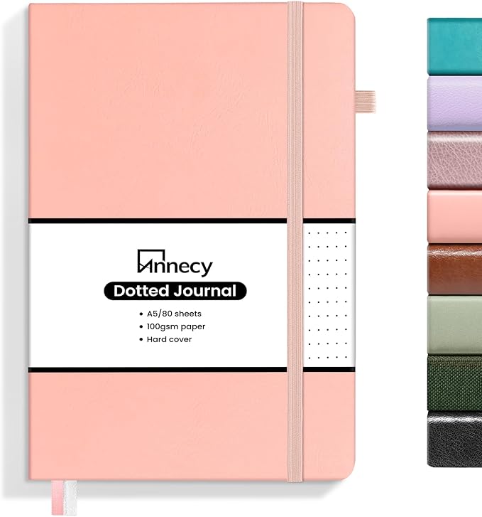 Annecy Numbered Bullet Dotted Journal Notebook, Medium 5.5x 8.25, 160 Pages 100GSM Writing Paper, A5 Peach Pink Faux Leather Cover with Pen Loop - Bloomnest