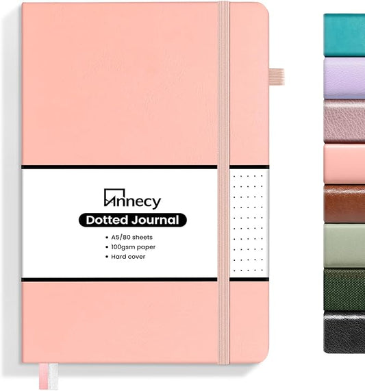 Annecy Numbered Bullet Dotted Journal Notebook, Medium 5.5x 8.25, 160 Pages 100GSM Writing Paper, A5 Peach Pink Faux Leather Cover with Pen Loop - Bloomnest