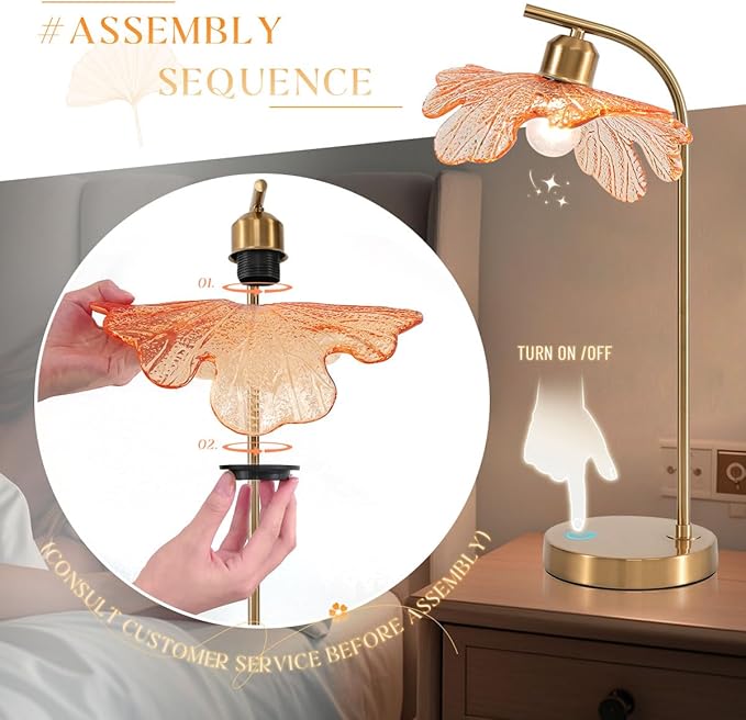 Mid Century Modern Table lamp Bedside Table Lamps with Touch Switch Amber Glass Tall Table lamp Gold Desk lamp nightstand lamp Small Table lamp for Bedroom Living Room Office - Bloomnest