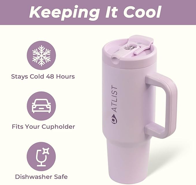 100% Leakproof 40 oz Tumbler with Handle & 4-in-1 SipSwig Lid, Built-In Flip Straw & External Stainless Steel Straw, Insulated Stainless Steel Cup, BPA-Free, Purple - Bloomnest