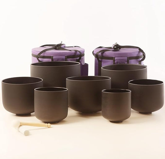 Leize 6-12 inch Chakra Tuned 432hz Set of 7 Quartz Black Crystal Singing Bowls with Heavy Duty Carrying Cases and Singing Bowl Mallet Suede Strikers