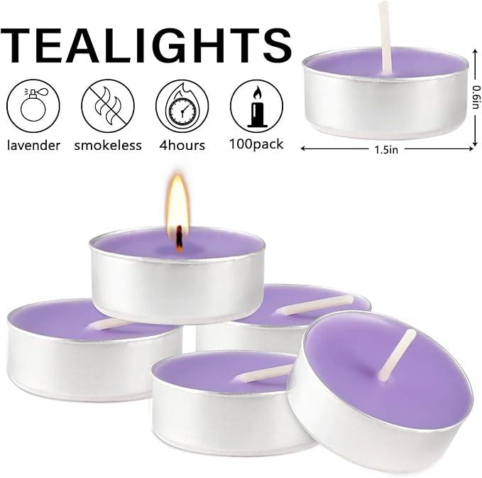Purple Lavender Scented Tealight Candles - 4 Hours - Giant 100 Bulk Packs - Smokeless Tea Lights for Valentine's Day, Weddings,Christmas, Home Decorative - Bloomnest