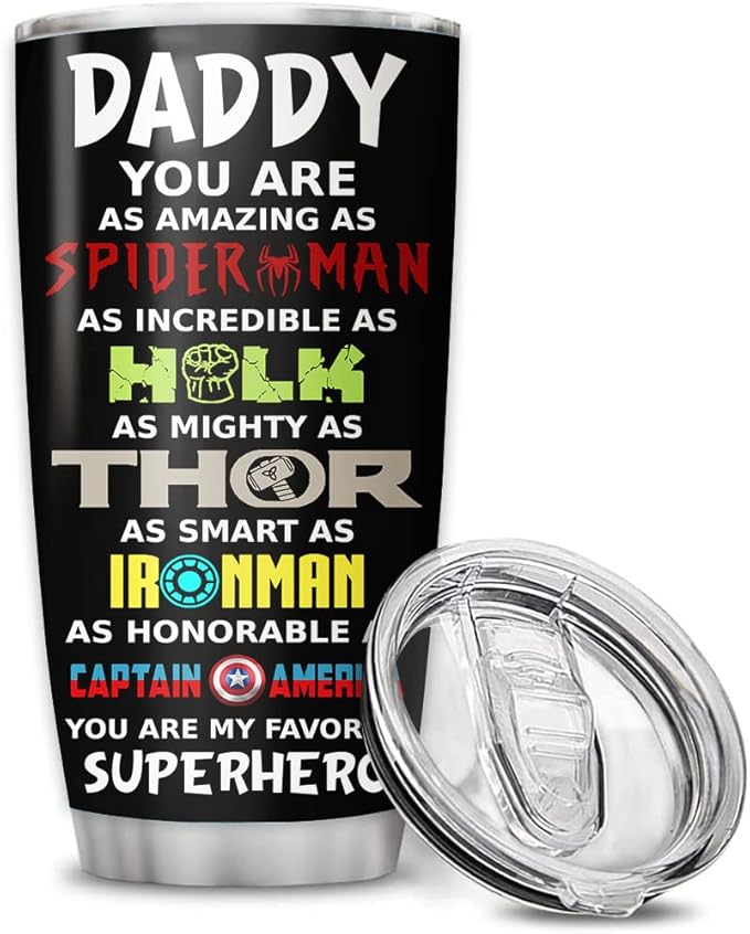 Custom Daddy You Are My Superhero Personalized Tumbler Cup Father's Day Gift, Gift For Dad, Father, Papa, Grandpa 20oz Insulated Coffee/Tea Tumbler with Lid - Bloomnest