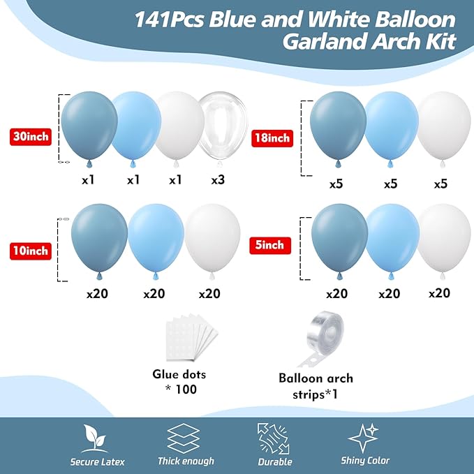 Dusty Blue Balloon Garland Arch Kit - 141Pcs Party Balloons Different Size Dusty Blue White Pastel Blue Clear Balloons for Birthday Wedding Baby Shower Bridal Decorations Set C - Bloomnest