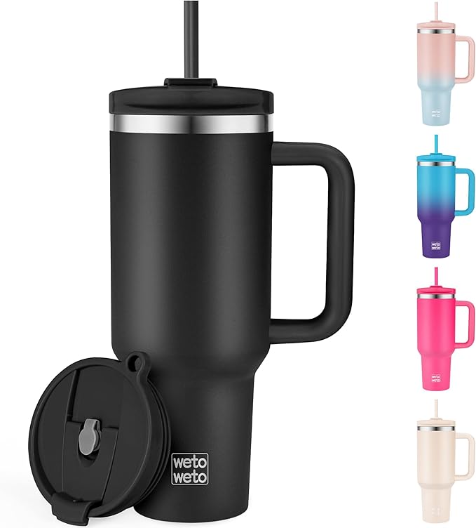 WETOWETO 40oz Tumbler with Handle and Lid | 100% Leakproof Insulated Stainless Steel Travel Mug | Keeps Cold 34Hrs/Hot 10Hrs | Dishwasher Safe, Fits Car Cup Holder (Midnight Black Color) - Bloomnest