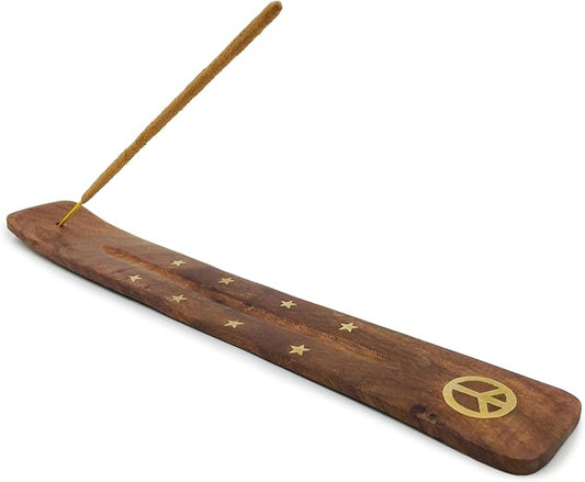 Incense Holder with Peace Sign - Wooden Tray Incense Burner Holder with Brass Inlay - for Incense Sticks, Meditation Accessories, Room Decor - 10 Inches - Bloomnest